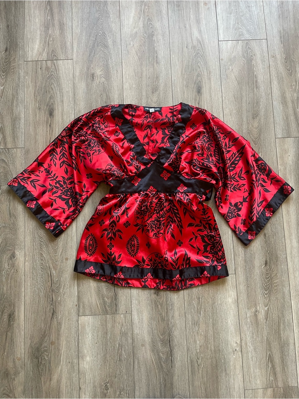 Red Satin Floral Wrap Top with Black Trim